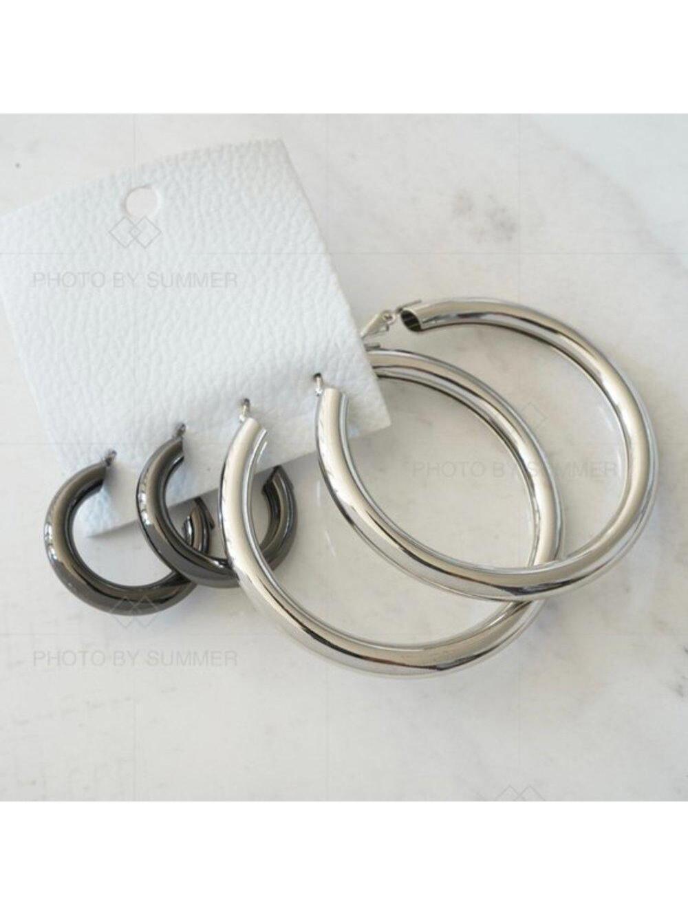 Free People Classic Tube Hoop Earring Set Silver Combo - Picture 4 of 7